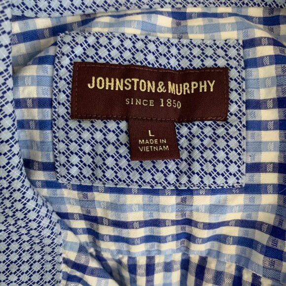 Johnston Murphy Button Up Checkered Shirt L Blue Long Sleeve Pocket Cotton - Picture 6 of 6